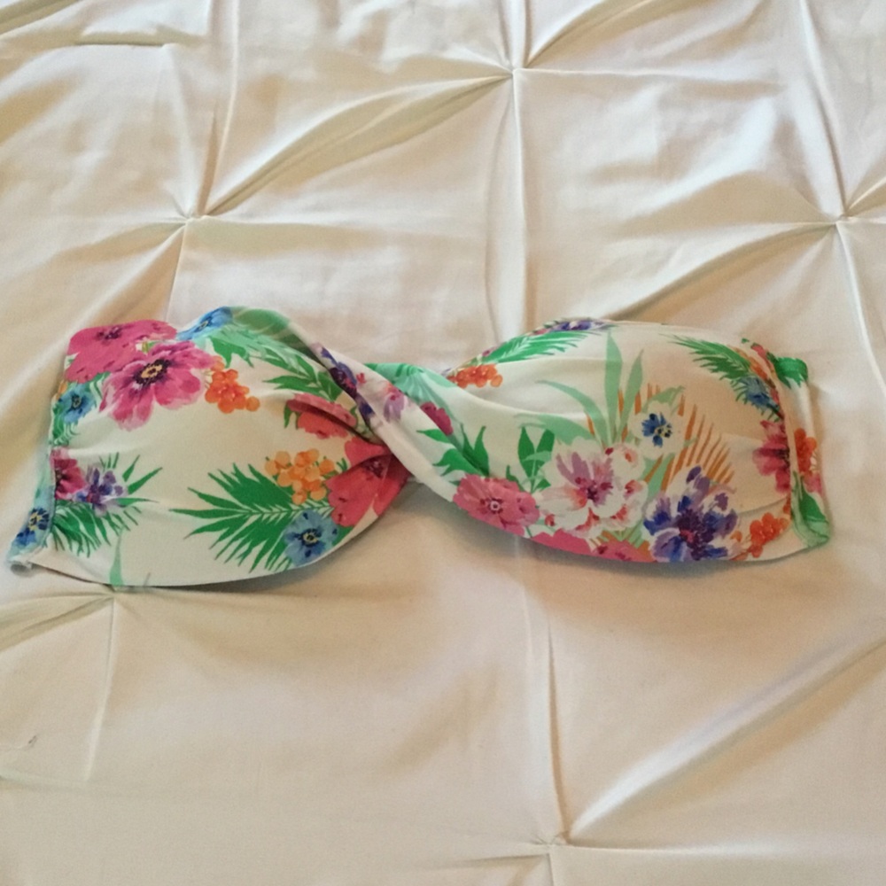 Tropical Floral Bandeau Bikini Top - White with Pink & Green Print